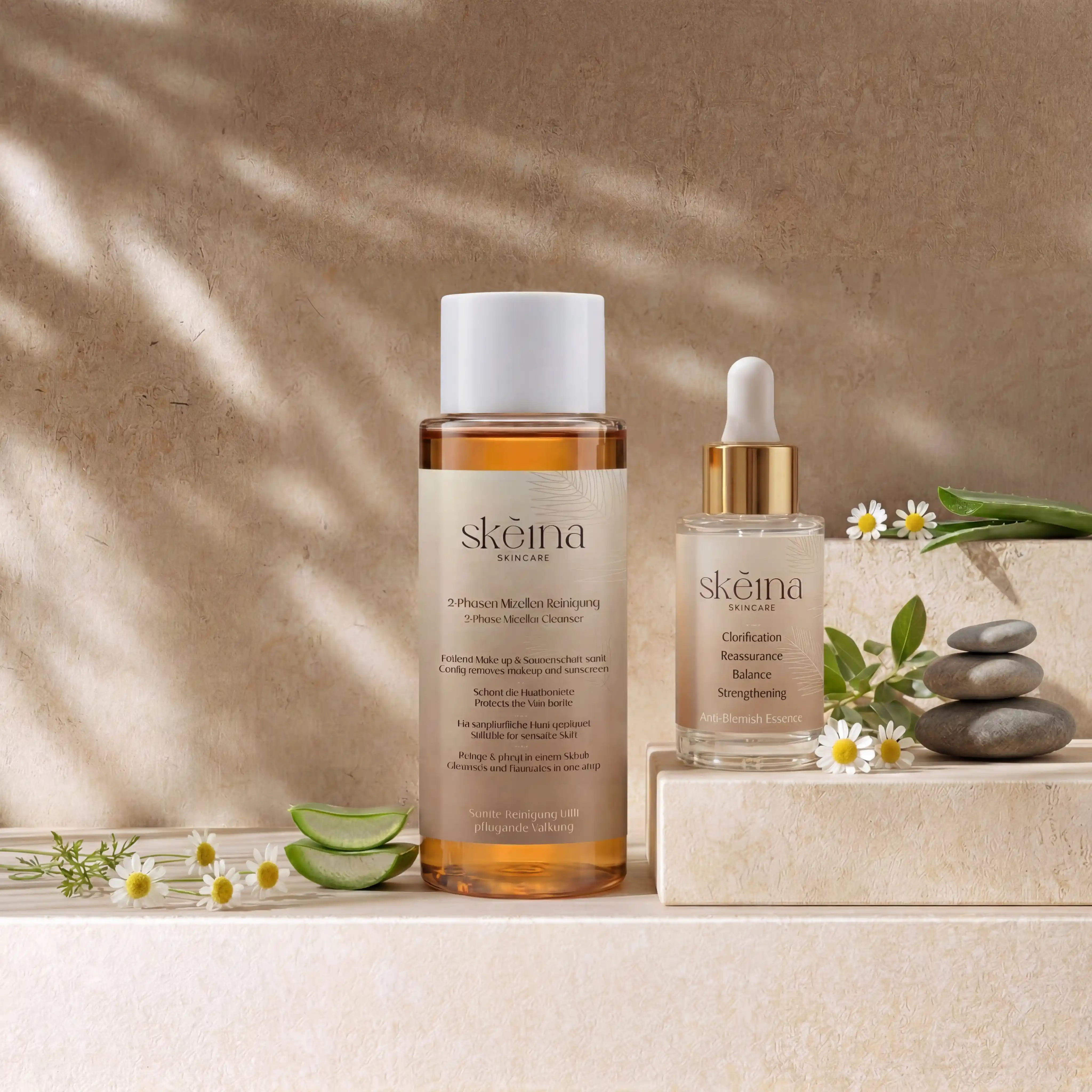 Die natürliche Gesichtsreinigung von Skeina mit der optimalen Pflege bei verstopften Poren und unreiner Haut. Das 2‑Phasen-Mizellenwasser und die Anti-Blemish-Essence.