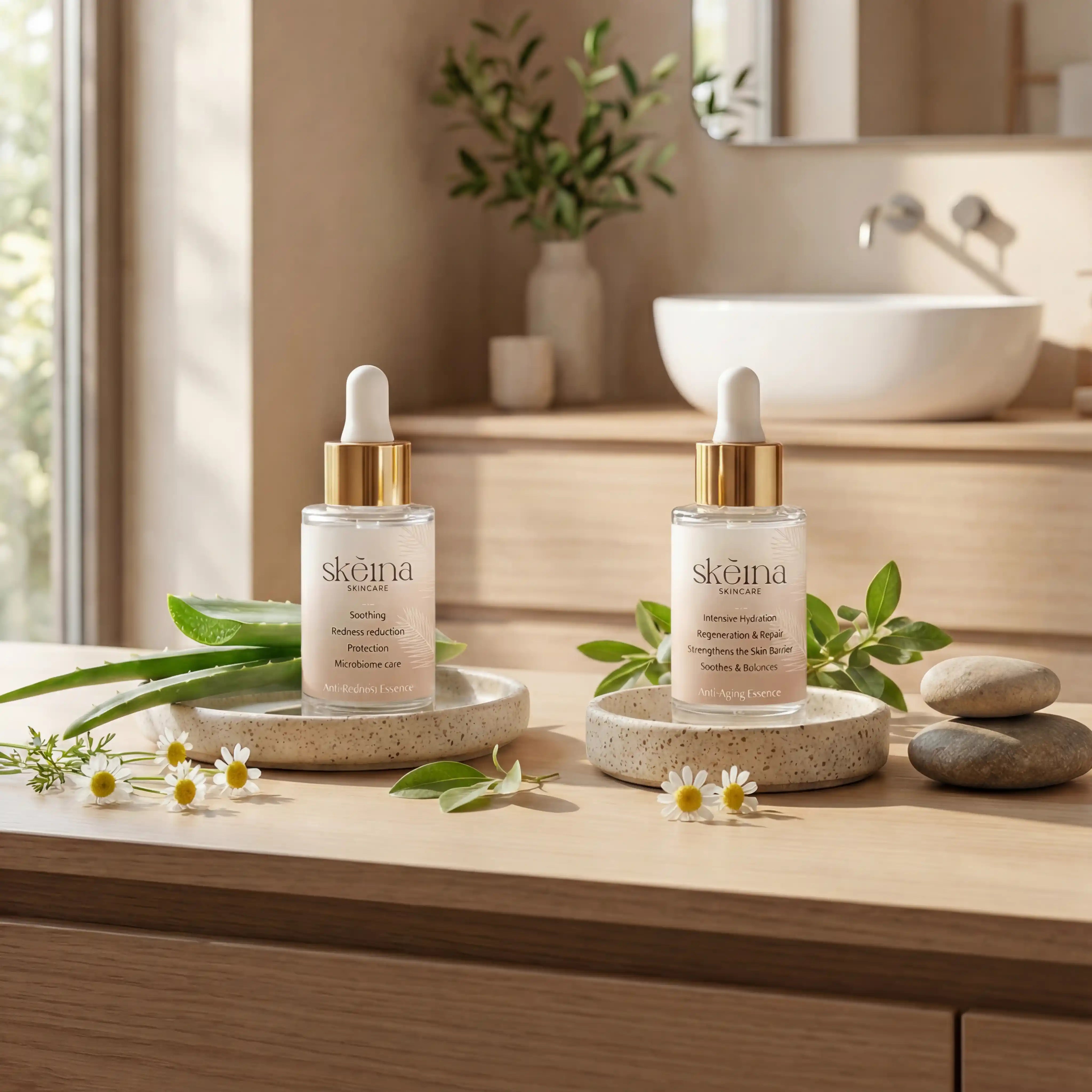 Schluss mit geröteter Gesichtshaut: Mit dem Gesichtspflege Set von Skeina mit der Anti-Redness- und der Anti-Aging-Essence wird Ihr Gesicht wieder natürlich strahlen.