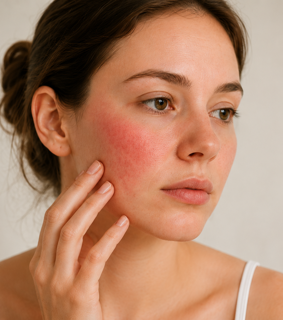 Rötungen im Gesicht und gereizte Gesichtshaut kann mit der Pflegeroutine und Skincare von Skéina deutlich reduziert werden.