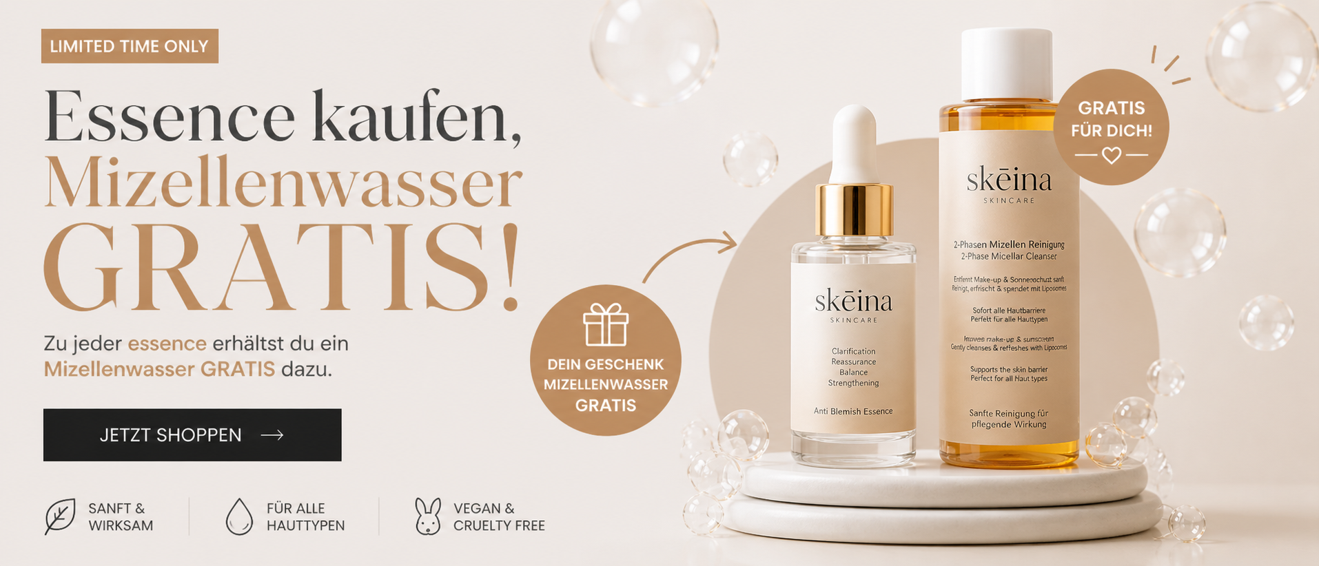 Jetzt unser Mizellenwasser gratis geschenkt beim Kauf einer Skincare Gesichtspflege Essence von Skeina