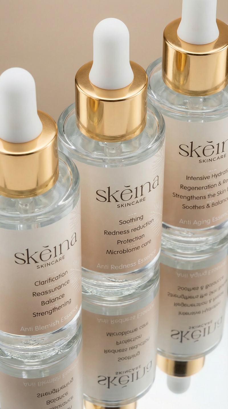 Unsere 3 Pflegeessencen von Skeina. Die Skincare für empfindliche Haut, gegen Rötungen und Reizungen.