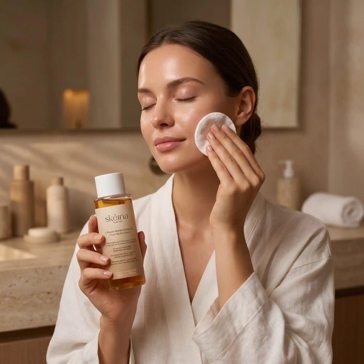 Spüre die natürliche und sanfte Reinigung mit unserem Skeina Skincare 2-Phasen-Mizellenwasser, ohne die Haut zu beschädigen.