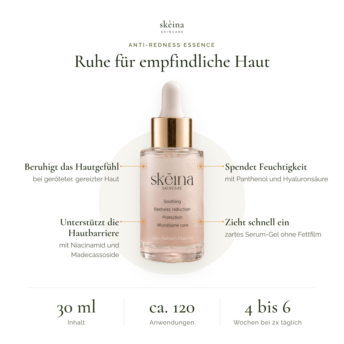 Infografik Skéina Anti-Redness Essence: beruhigt das Hautgefühl und unterstützt die Hautbarriere, 30 ml Inhalt