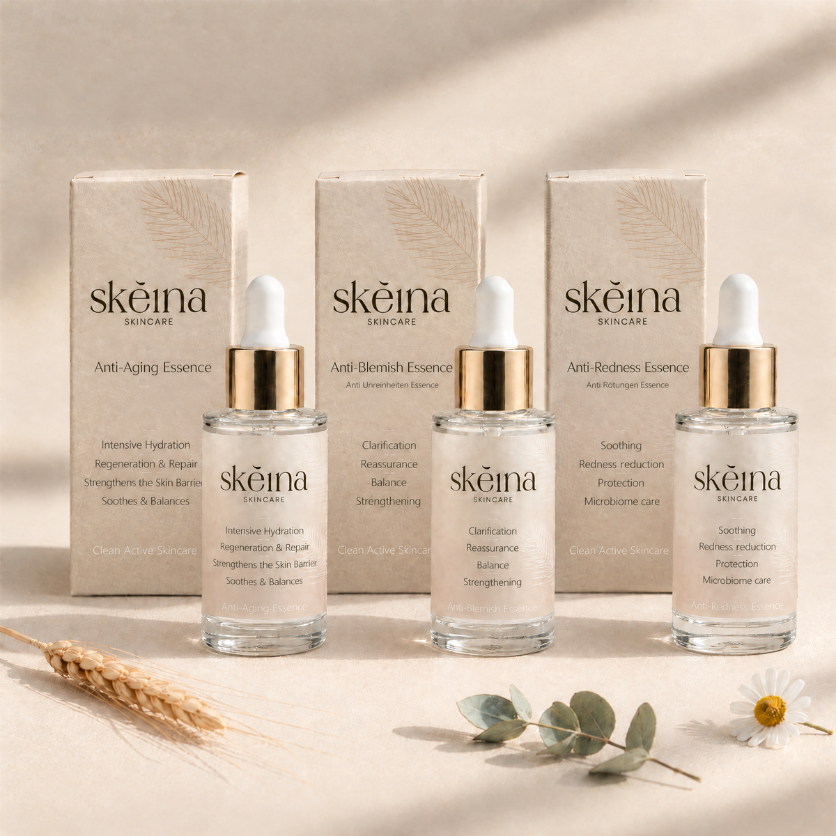 Skéina Complete Care Set mit drei Essences und Umverpackungen, Pflege für Feuchtigkeit, Klarheit und Ruhe