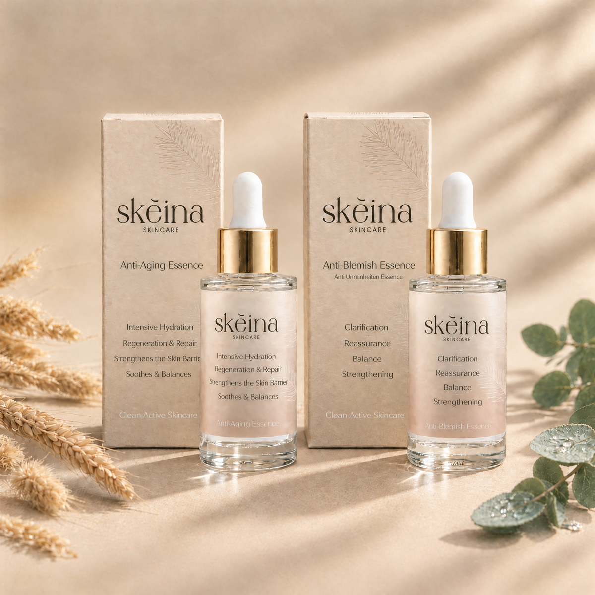 Skéina The Clarity Duo mit Umverpackungen, Anti-Aging und Anti-Blemish Essence für unreine Haut