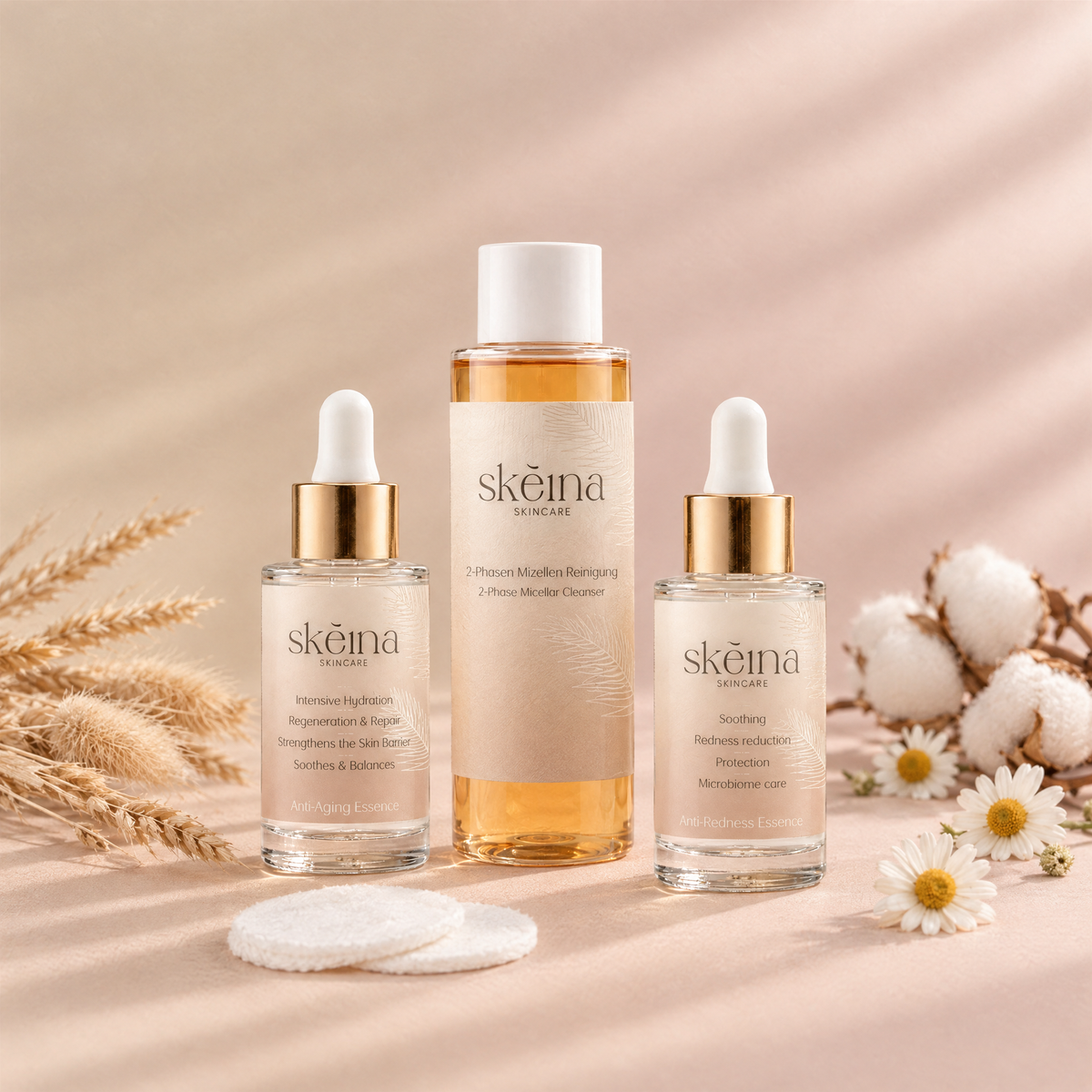 Skéina Calm & Ageless Set mit Anti-Aging Essence, Anti-Redness Essence und 2-Phasen Mizellenwasser