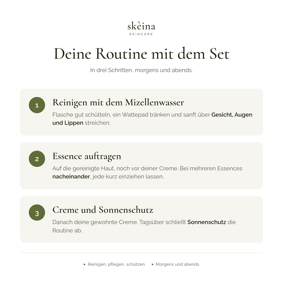 Routine mit dem Skéina Set Anti-Aging Essence und Mizellenwasser: reinigen, Essence auftragen, schützen