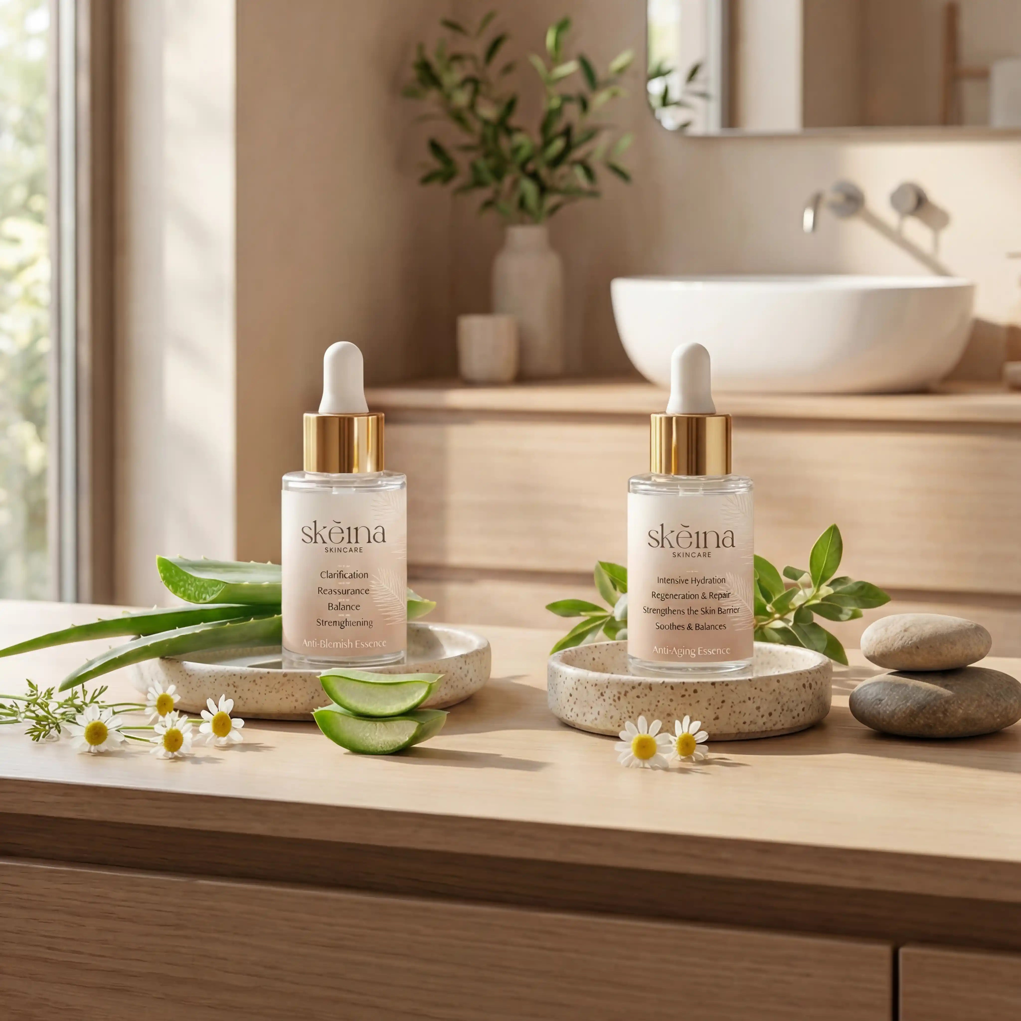 Das Gesichtspflege Set Clarity von Skeina sorgt für saubere Poren und jugentliche Haut mit Anti Aging Effekt. Anti-Blemish und Anti Aging Essence - natürliche Scincare mit Mandelöl